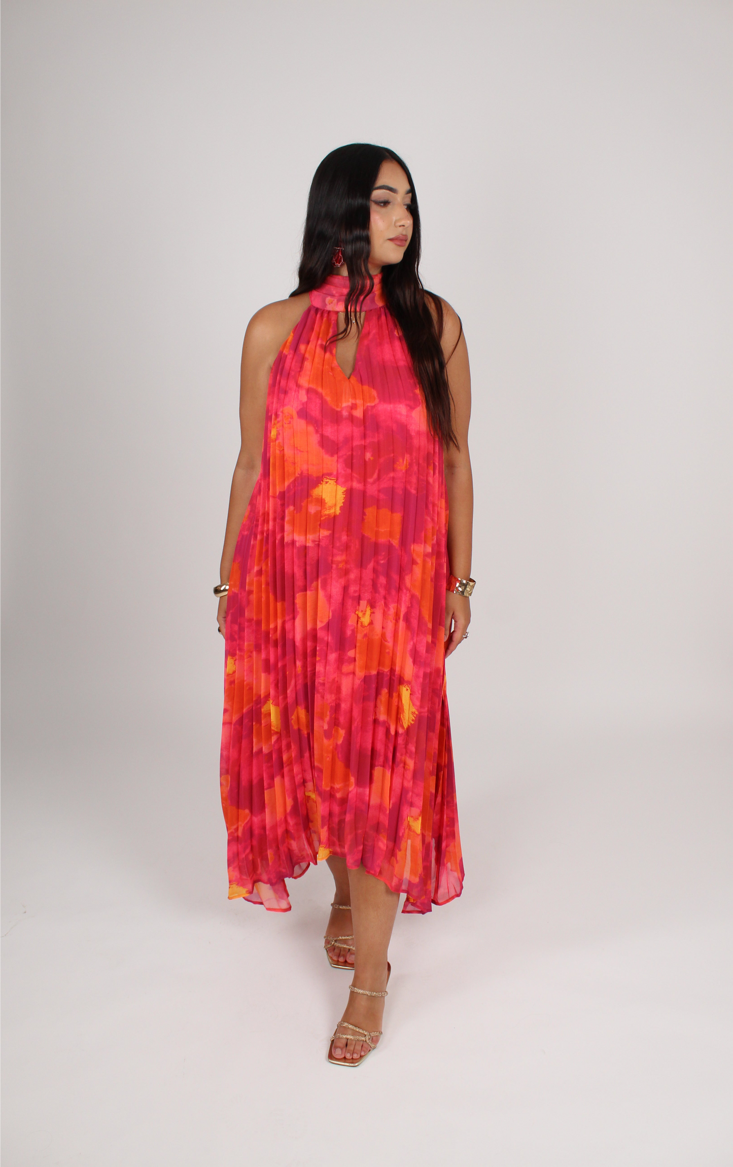 Robe fluide plissée imprimée rose