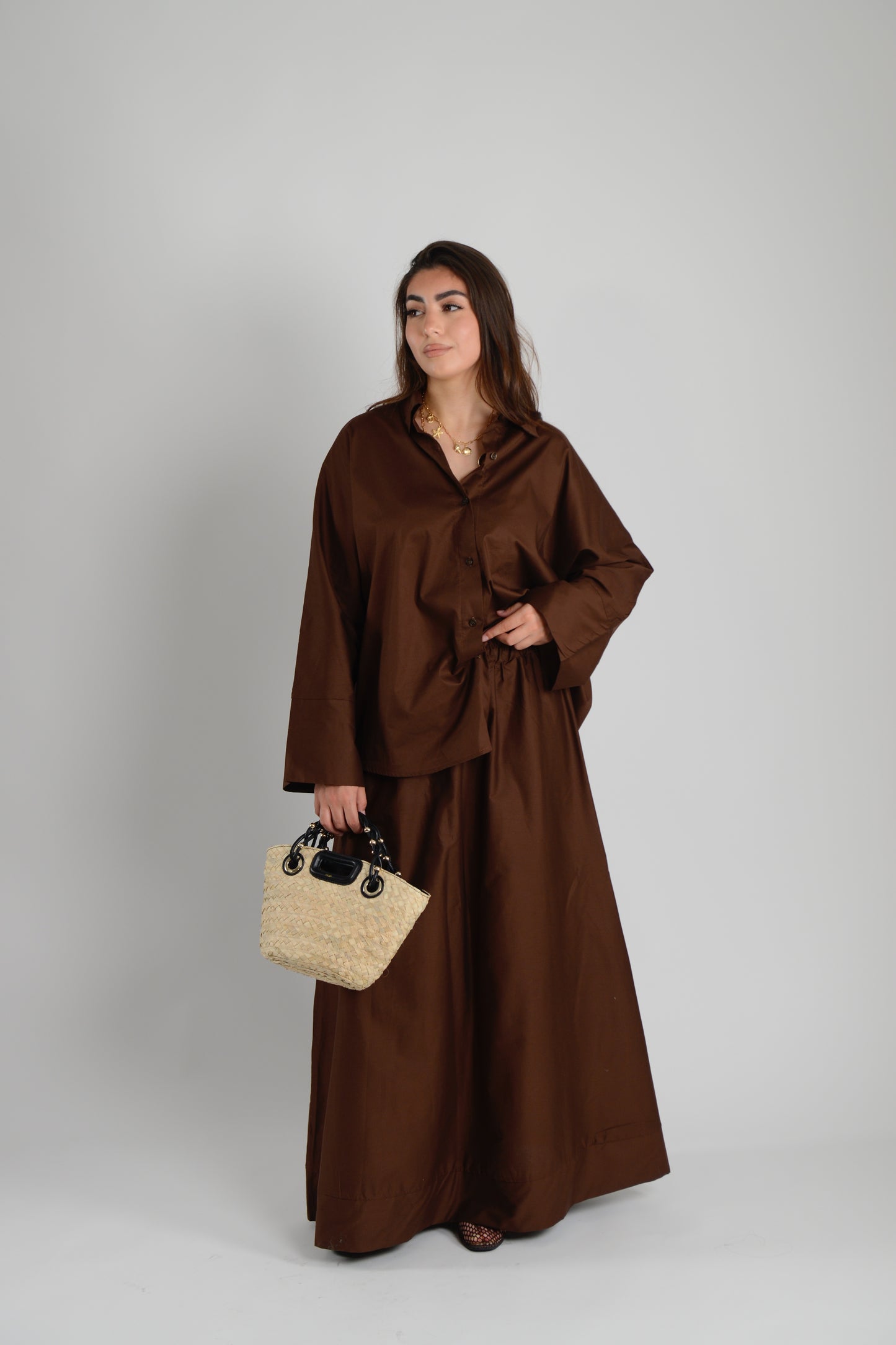 Ensemble fluide chemise jupe longue marron