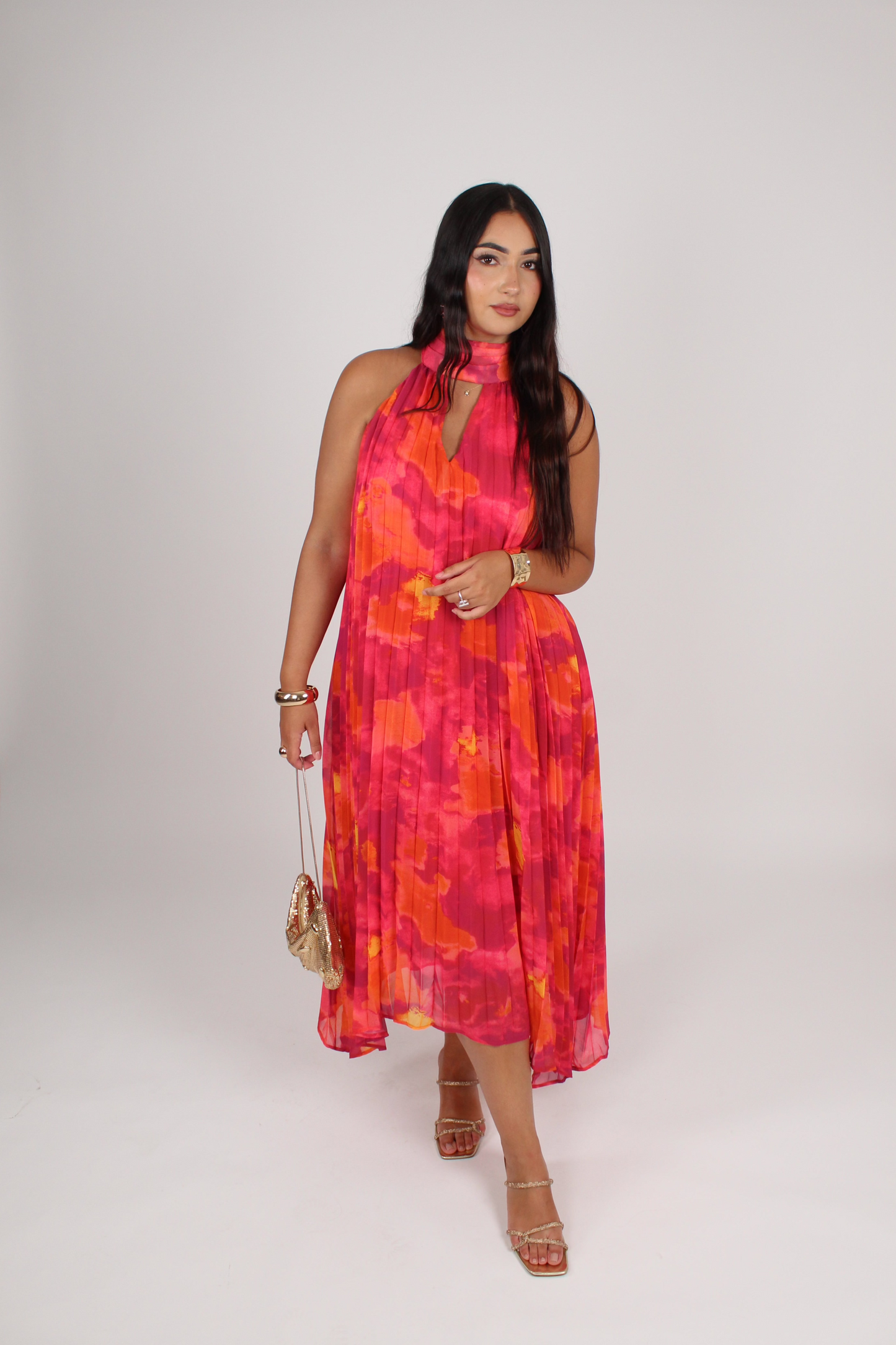 Robe fluide plissée imprimée rose
