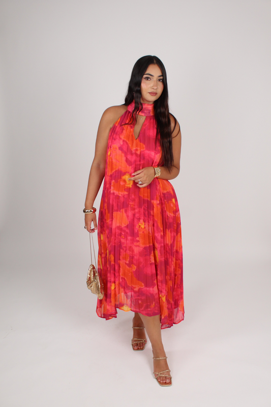 Robe fluide plissée imprimée rose