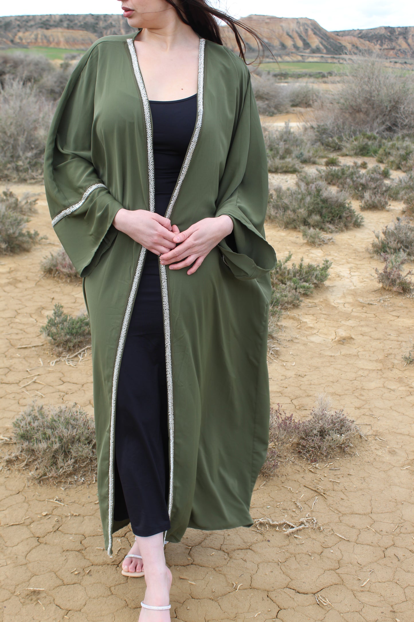 Kimono long abaya dubai kaki dahlia 